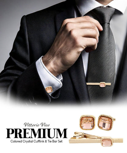 Vittorio Vico Men's Colored Crystal Cufflink & Tie Bar Set in Gift Box - Suits You Sir - Blush and Gold - 