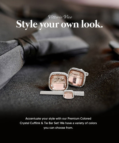 Vittorio Vico Men's Colored Crystal Cufflink & Tie Bar Set in Gift Box - Suits You Sir - Blush and Gold - 