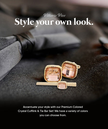 Vittorio Vico Men's Colored Crystal Cufflink & Tie Bar Set in Gift Box - Suits You Sir - Blush and Gold - 
