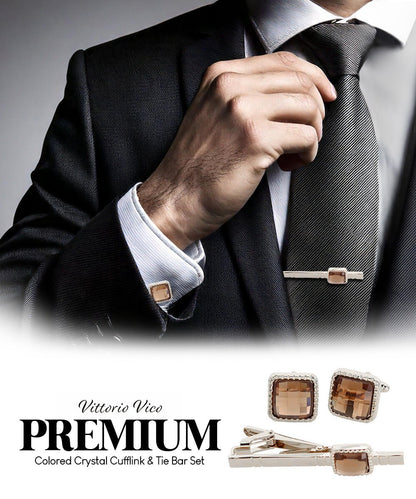 Vittorio Vico Men's Colored Crystal Cufflink & Tie Bar Set in Gift Box - Suits You Sir - Brown and Gold - 