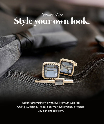 Vittorio Vico Men's Colored Crystal Cufflink & Tie Bar Set in Gift Box - Suits You Sir - Charcoal and Gold - 