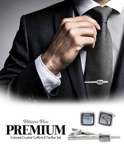 Vittorio Vico Men's Colored Crystal Cufflink & Tie Bar Set in Gift Box - Suits You Sir - Charcoal and Silver - 
