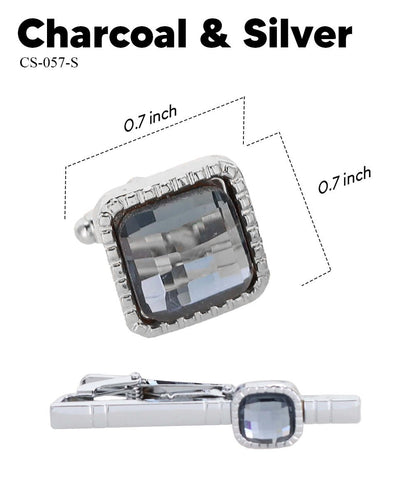 Vittorio Vico Men's Colored Crystal Cufflink & Tie Bar Set in Gift Box - Suits You Sir - Charcoal and Silver - 