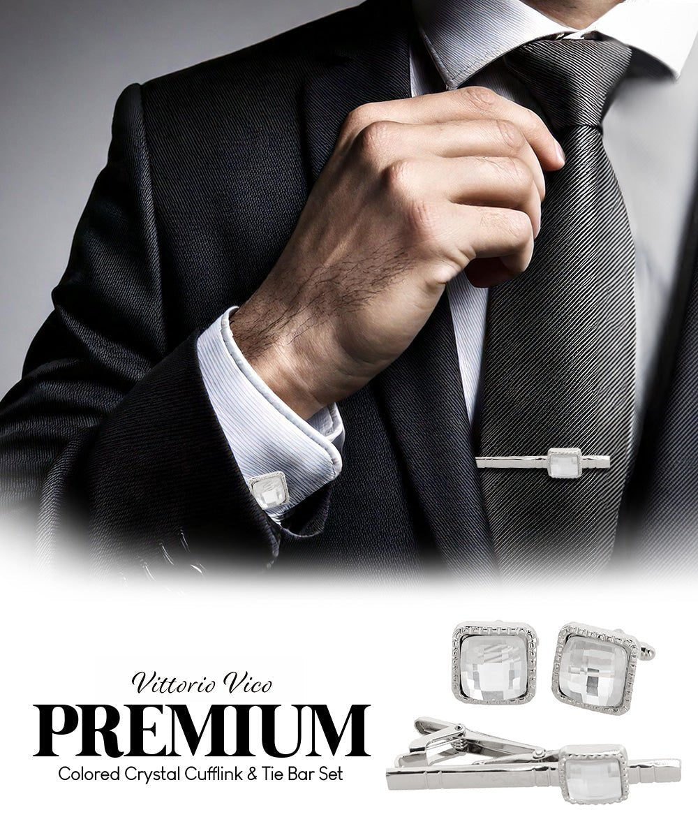 Vittorio Vico Men's Colored Crystal Cufflink & Tie Bar Set in Gift Box - Suits You Sir - Clear and Silver - 