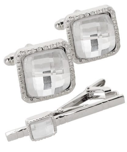 Vittorio Vico Men's Colored Crystal Cufflink & Tie Bar Set in Gift Box - Suits You Sir - Clear and Silver - 