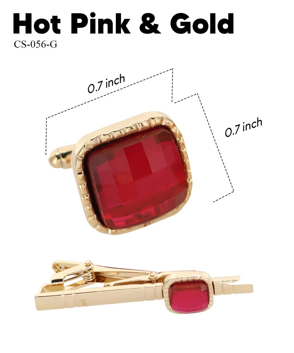 Vittorio Vico Men's Colored Crystal Cufflink & Tie Bar Set in Gift Box - Suits You Sir - Hot Pink and Gold - 