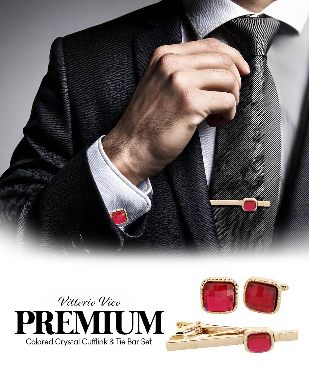 Vittorio Vico Men's Colored Crystal Cufflink & Tie Bar Set in Gift Box - Suits You Sir - Hot Pink and Gold - 