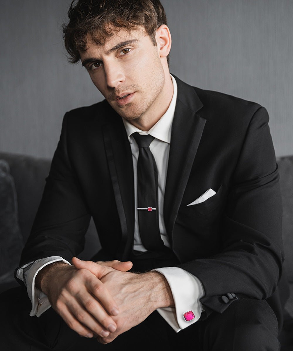 Vittorio Vico Men's Colored Crystal Cufflink & Tie Bar Set in Gift Box - Suits You Sir - Hot Pink and Silver - 