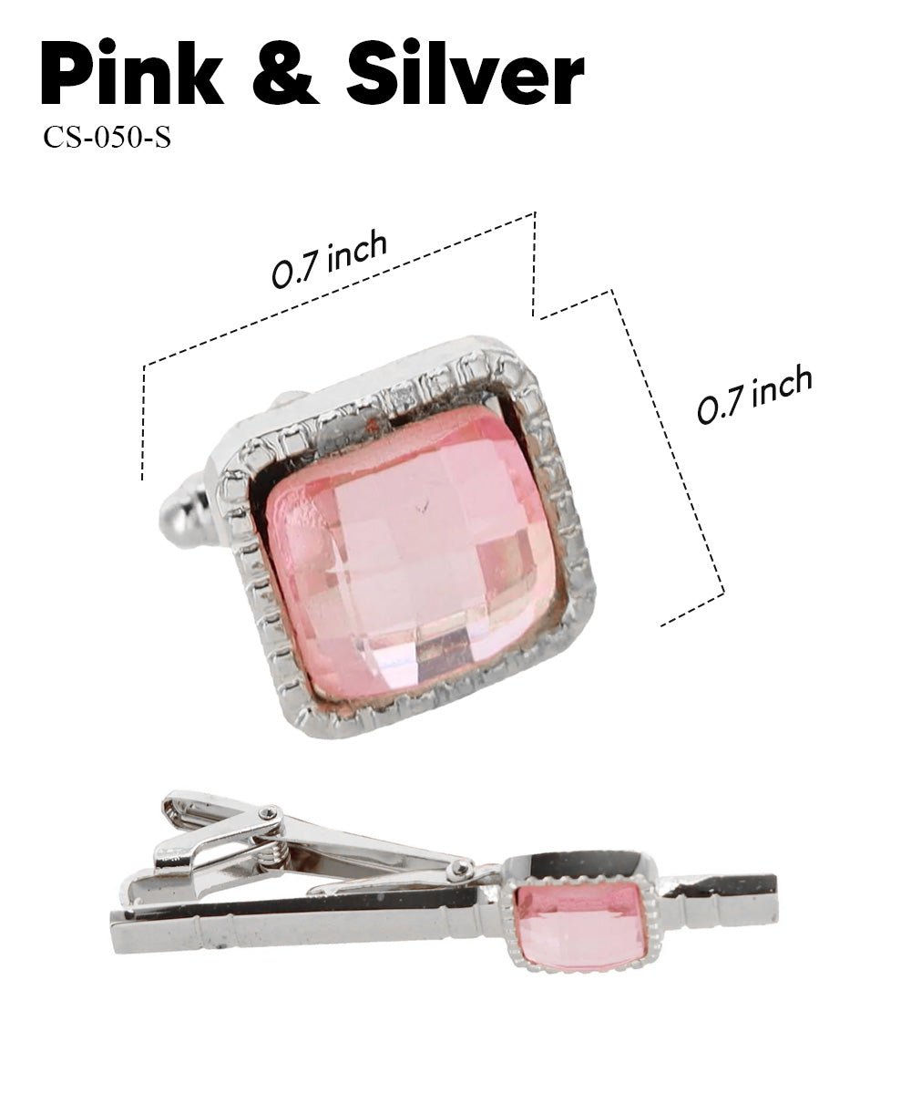 Vittorio Vico Men's Colored Crystal Cufflink & Tie Bar Set in Gift Box - Suits You Sir - Pink and Silver - 