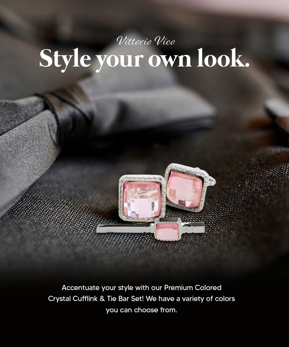 Vittorio Vico Men's Colored Crystal Cufflink & Tie Bar Set in Gift Box - Suits You Sir - Pink and Silver - 