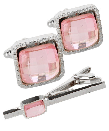 Vittorio Vico Men's Colored Crystal Cufflink & Tie Bar Set in Gift Box - Suits You Sir - Pink and Silver - 