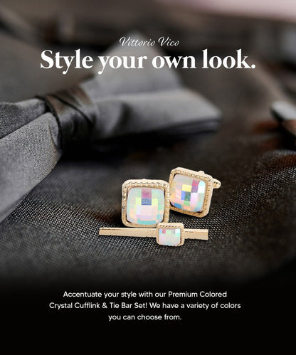 Vittorio Vico Men's Colored Crystal Cufflink & Tie Bar Set in Gift Box - Suits You Sir - Rainbow and Gold - 