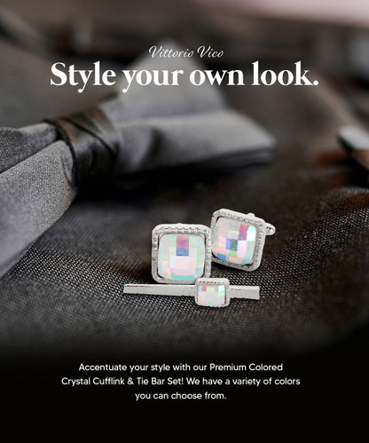 Vittorio Vico Men's Colored Crystal Cufflink & Tie Bar Set in Gift Box - Suits You Sir - Rainbow and Silver - 