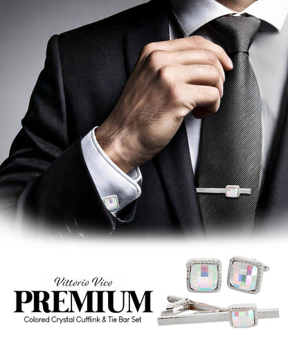 Vittorio Vico Men's Colored Crystal Cufflink & Tie Bar Set in Gift Box - Suits You Sir - Rainbow and Silver - 