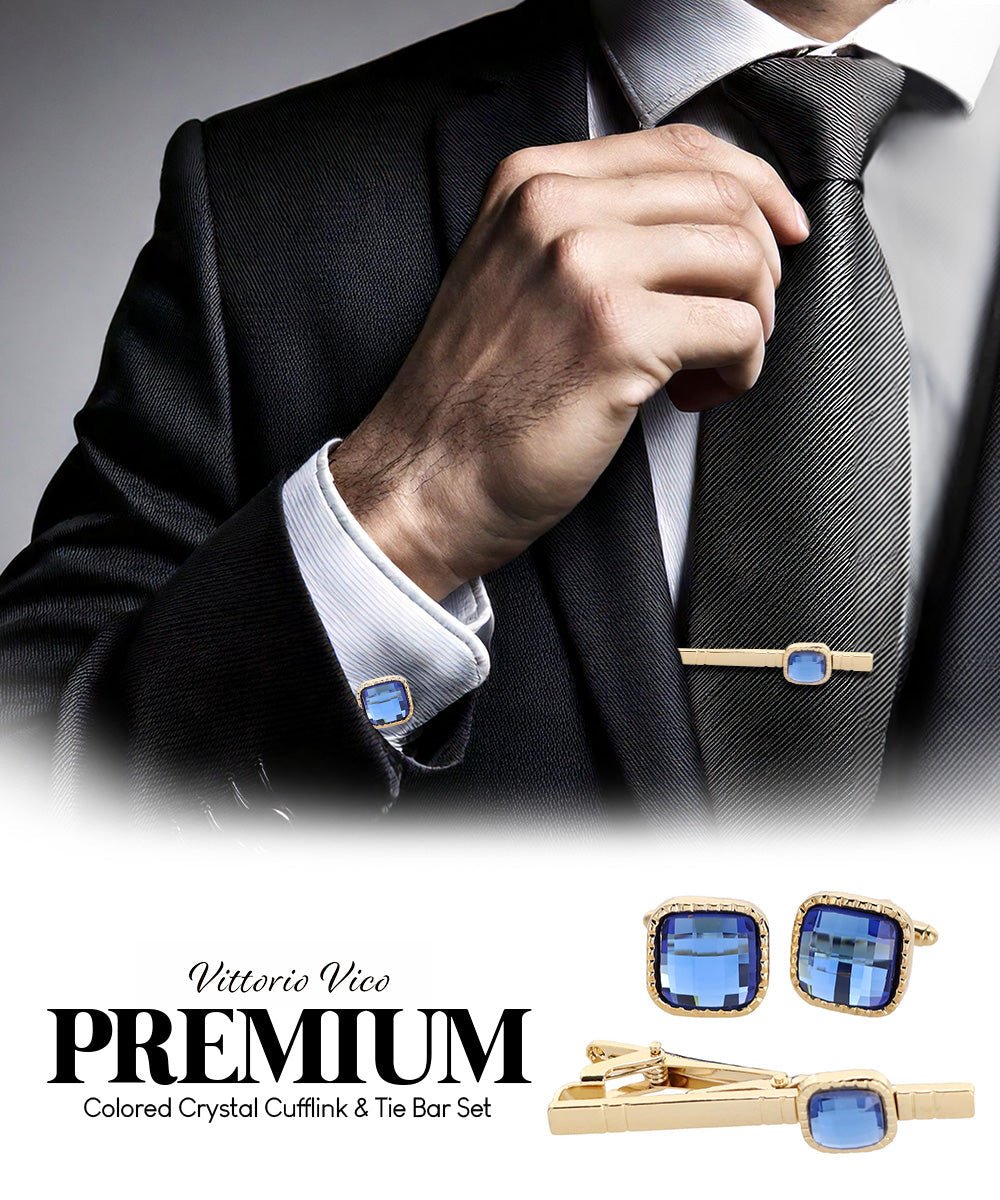 Vittorio Vico Men's Colored Crystal Cufflink & Tie Bar Set in Gift Box - Suits You Sir - Royal Blue and Gold - 