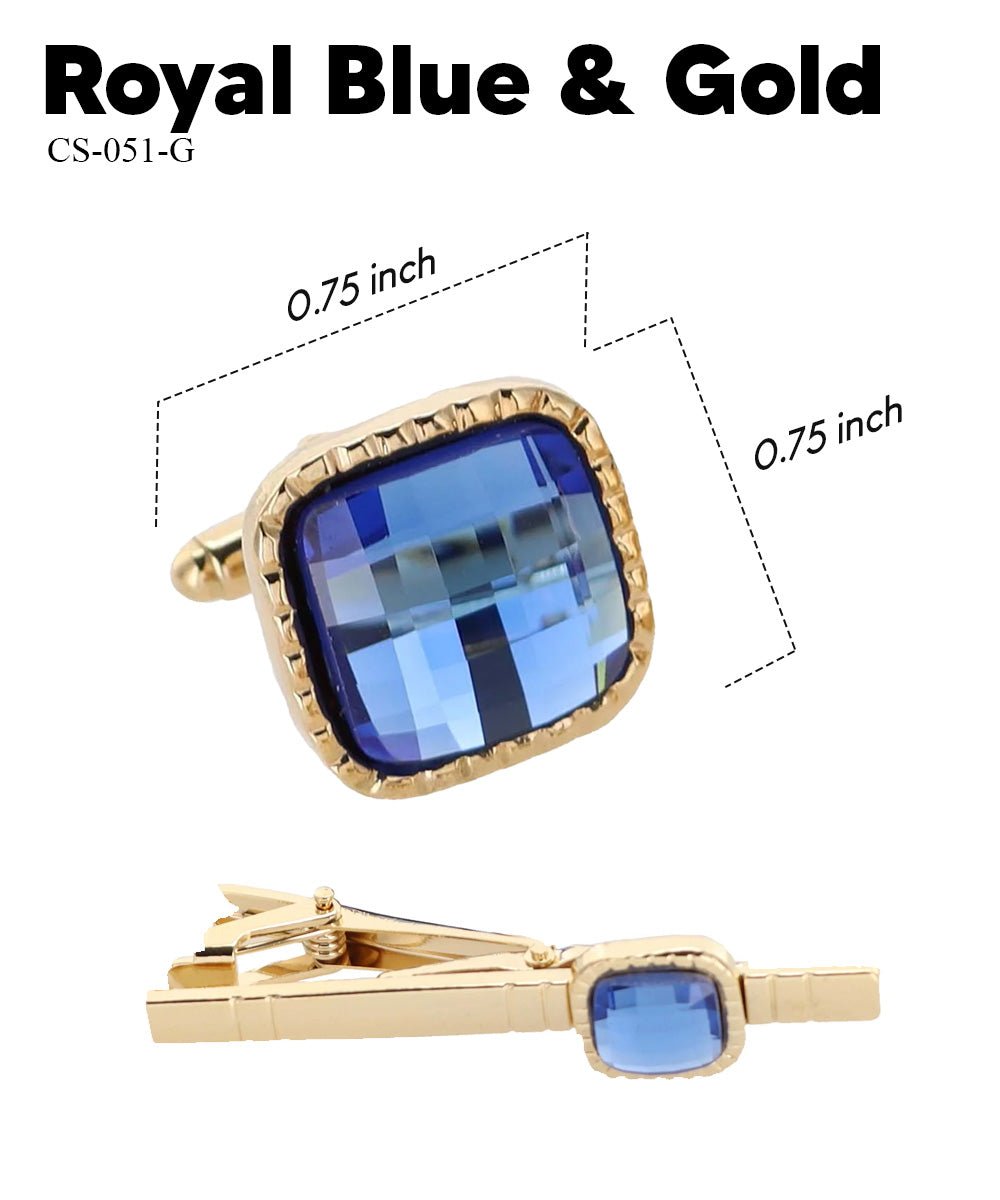Vittorio Vico Men's Colored Crystal Cufflink & Tie Bar Set in Gift Box - Suits You Sir - Royal Blue and Gold - 