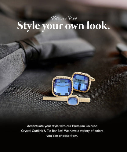 Vittorio Vico Men's Colored Crystal Cufflink & Tie Bar Set in Gift Box - Suits You Sir - Royal Blue and Gold - 
