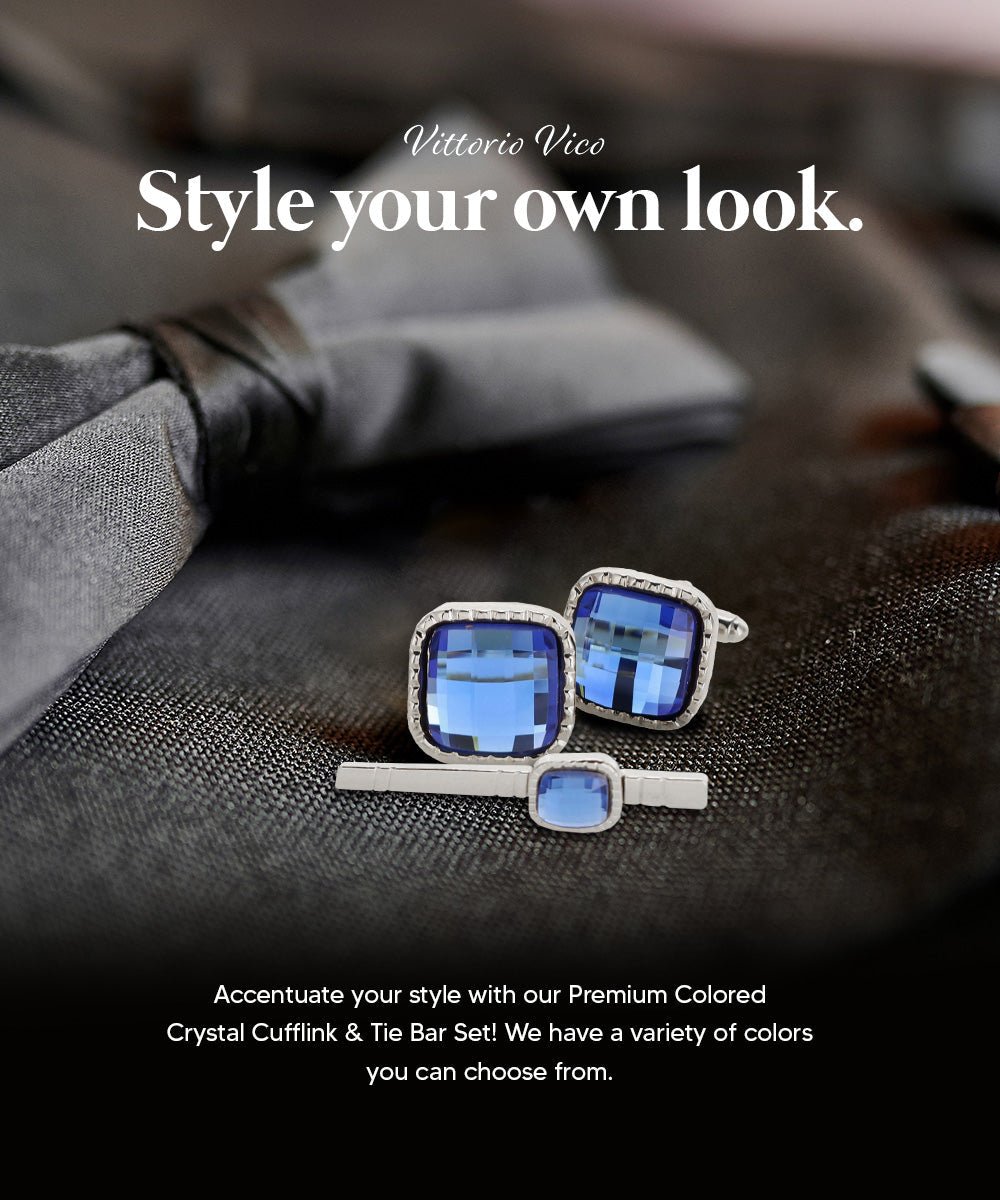 Vittorio Vico Men's Colored Crystal Cufflink & Tie Bar Set in Gift Box - Suits You Sir - Royal Blue and Silver - 