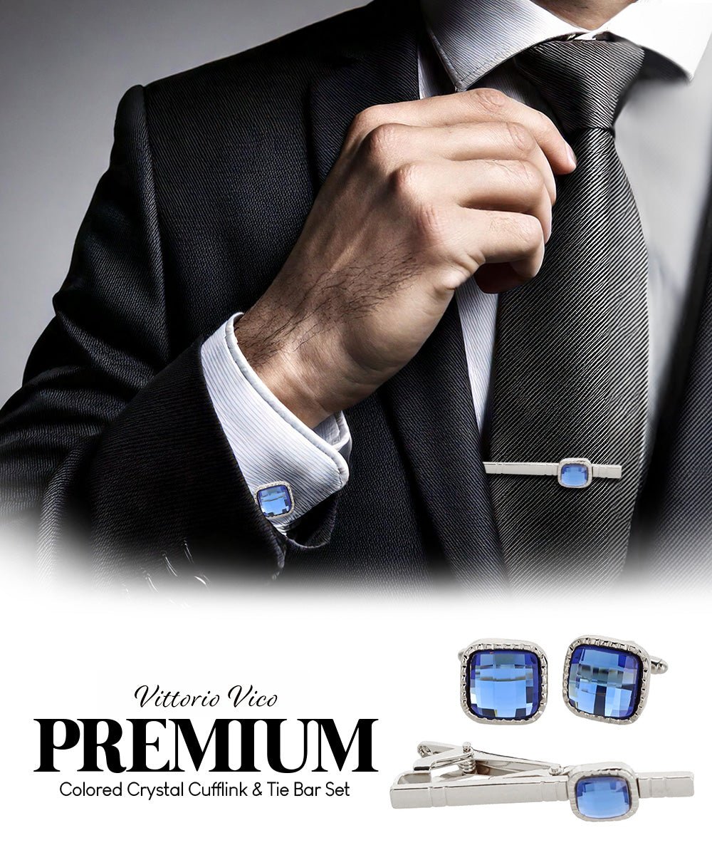 Vittorio Vico Men's Colored Crystal Cufflink & Tie Bar Set in Gift Box - Suits You Sir - Royal Blue and Silver - 
