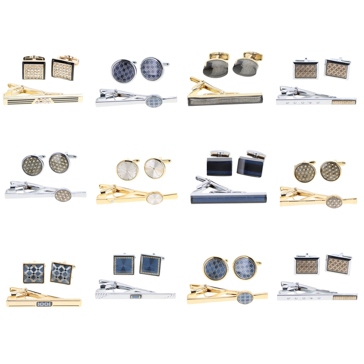 Vittorio Vico Men's Enamel Cufflink & Tie Bar Set in Gift Box - 12 Pack - Gold & Silver