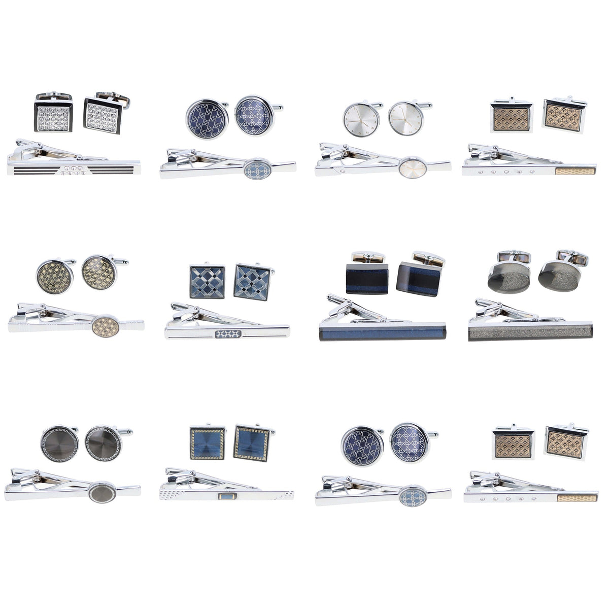 Vittorio Vico Men's Enamel Cufflink & Tie Bar Set in Gift Box - 12 Pack - Silver