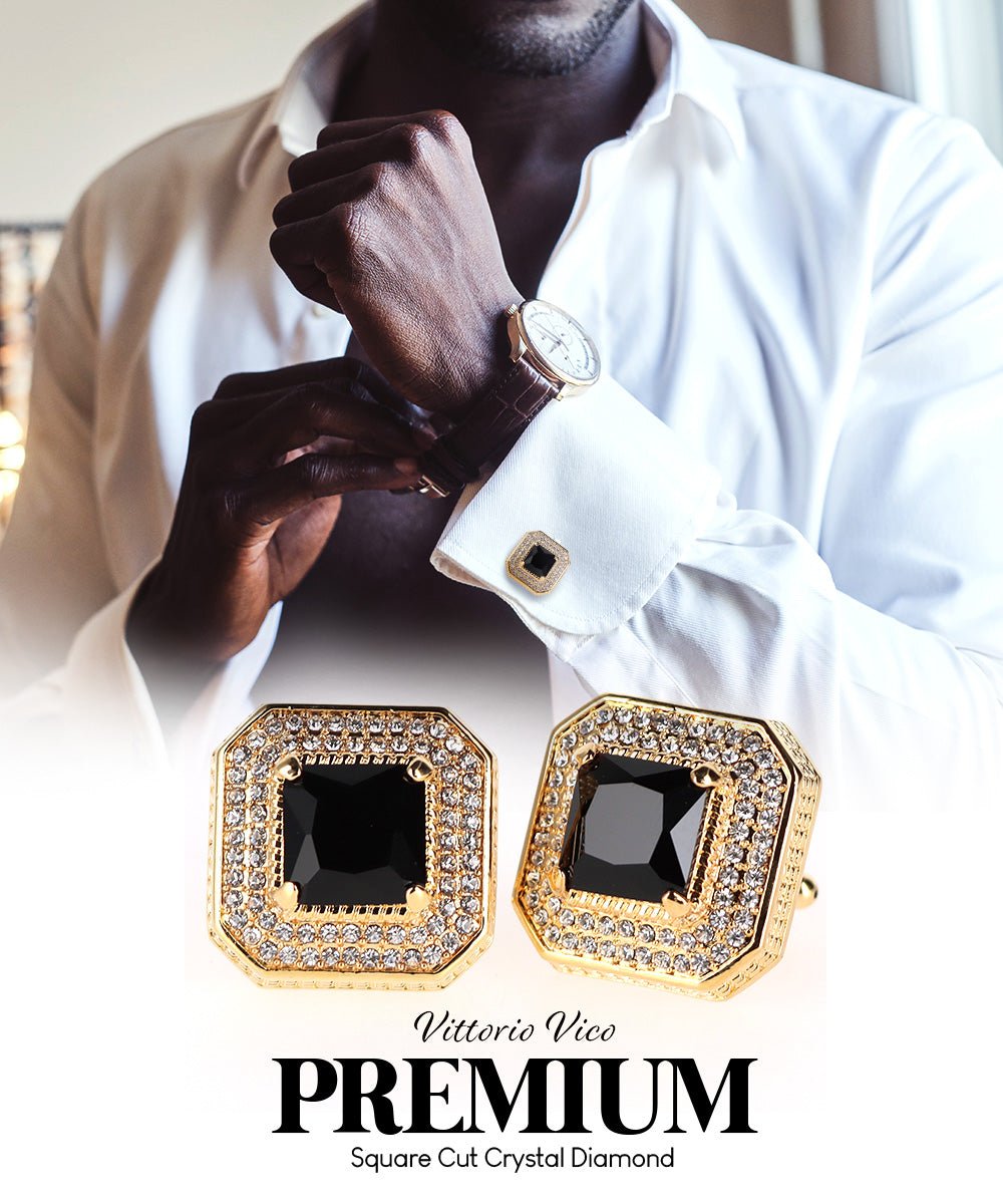 Vittorio Vico Men's Large Square Colorstone Crystal Diamond Set Cufflinks: CL71XX Series - Suits You Sir - Black and Gold - 