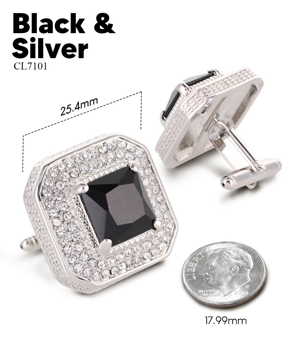 Vittorio Vico Men's Large Square Colorstone Crystal Diamond Set Cufflinks: CL71XX Series - Suits You Sir - Black and Silver - 