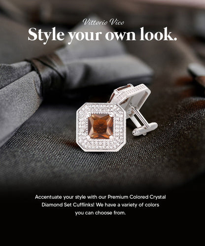 Vittorio Vico Men's Large Square Colorstone Crystal Diamond Set Cufflinks: CL71XX Series - Suits You Sir - Brown and Silver - 