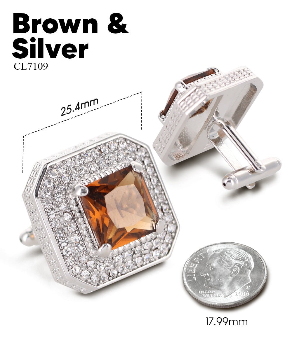 Vittorio Vico Men's Large Square Colorstone Crystal Diamond Set Cufflinks: CL71XX Series - Suits You Sir - Brown and Silver - 