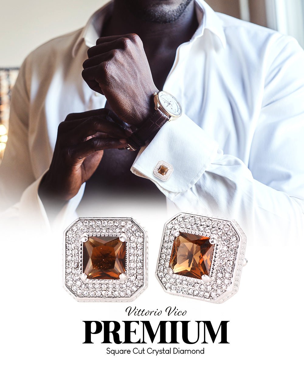 Vittorio Vico Men's Large Square Colorstone Crystal Diamond Set Cufflinks: CL71XX Series - Suits You Sir - Brown and Silver - 