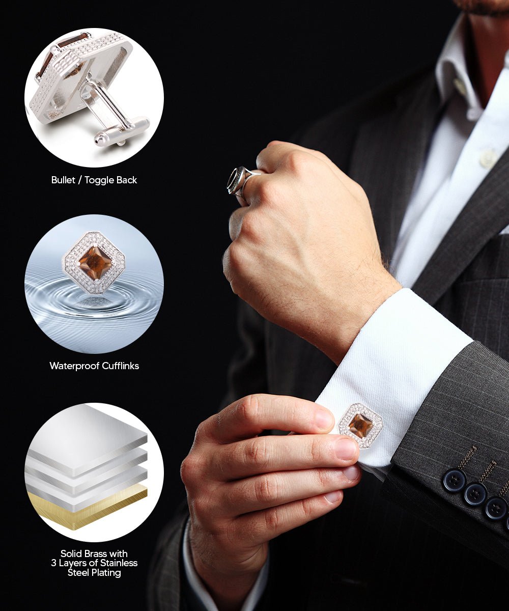 Vittorio Vico Men's Large Square Colorstone Crystal Diamond Set Cufflinks: CL71XX Series - Suits You Sir - Brown and Silver - 