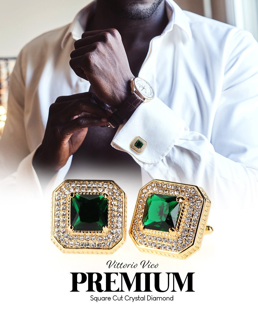 Vittorio Vico Men's Large Square Colorstone Crystal Diamond Set Cufflinks: CL71XX Series - Suits You Sir - Emerald Green and Gold - 