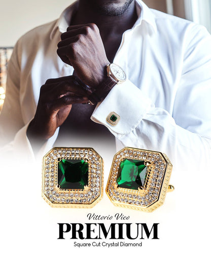 Vittorio Vico Men's Large Square Colorstone Crystal Diamond Set Cufflinks: CL71XX Series - Suits You Sir - Emerald Green and Gold - 