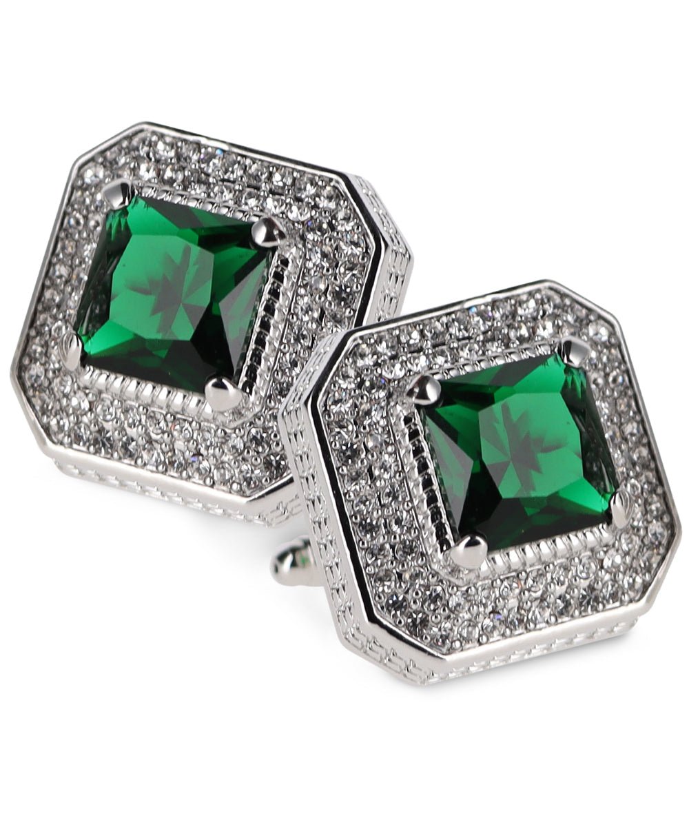Vittorio Vico Men's Large Square Colorstone Crystal Diamond Set Cufflinks: CL71XX Series - Suits You Sir - Emerald Green and Silver - 