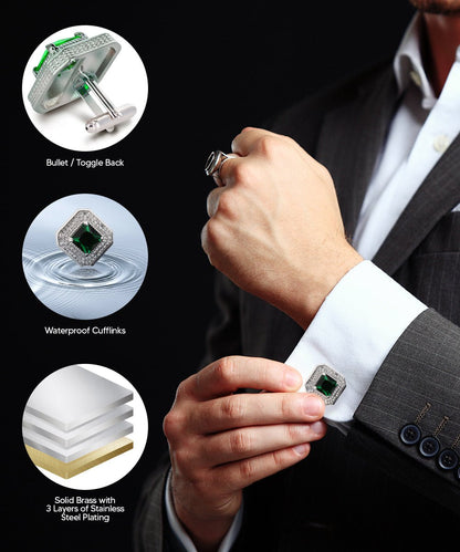 Vittorio Vico Men's Large Square Colorstone Crystal Diamond Set Cufflinks: CL71XX Series - Suits You Sir - Emerald Green and Silver - 