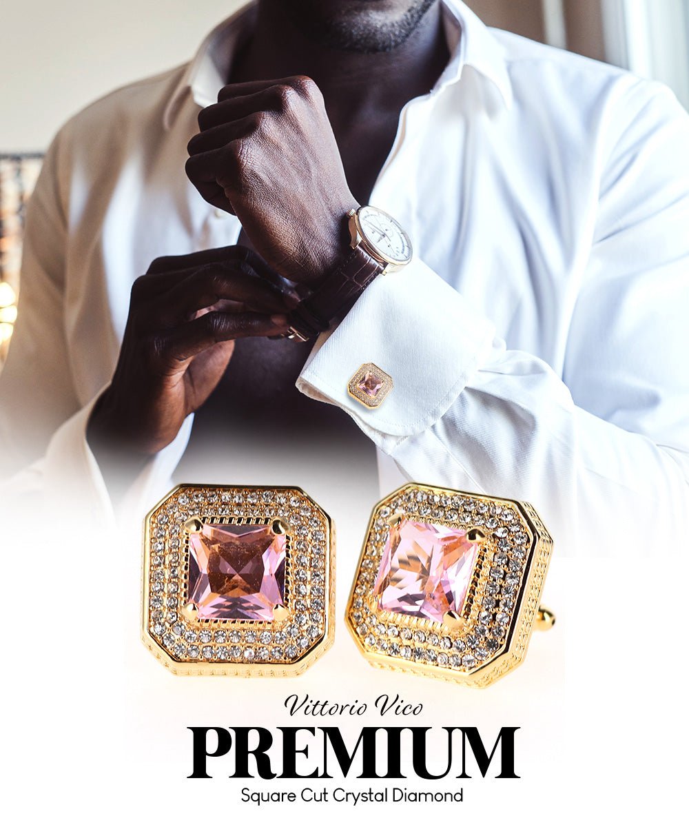 Vittorio Vico Men's Large Square Colorstone Crystal Diamond Set Cufflinks: CL71XX Series - Suits You Sir - Pink and Gold - 