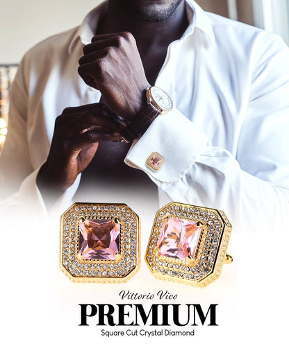 Vittorio Vico Men's Large Square Colorstone Crystal Diamond Set Cufflinks: CL71XX Series - Suits You Sir - Pink and Gold - 