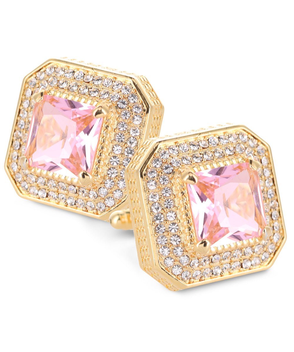 Vittorio Vico Men's Large Square Colorstone Crystal Diamond Set Cufflinks: CL71XX Series - Suits You Sir - Pink and Gold - 