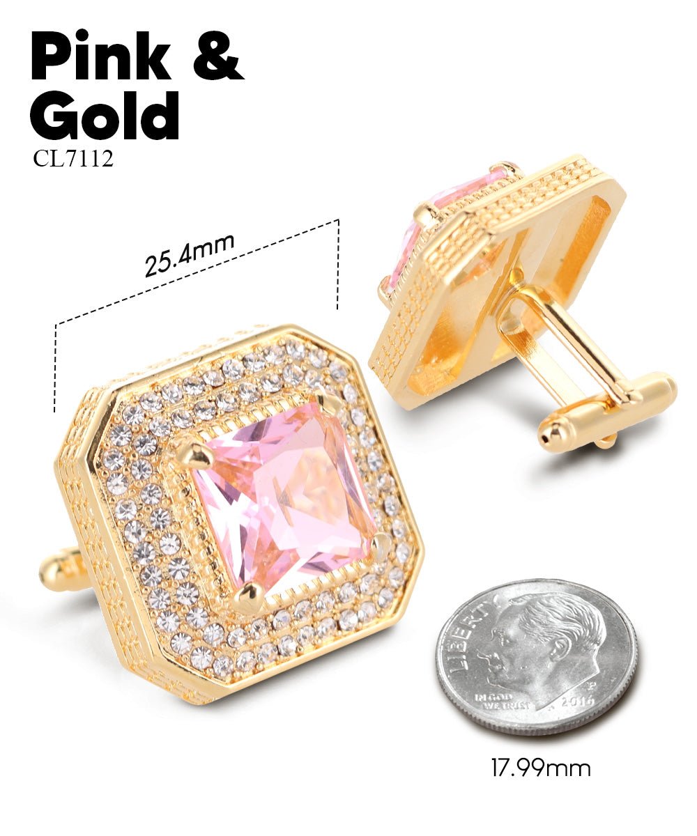 Vittorio Vico Men's Large Square Colorstone Crystal Diamond Set Cufflinks: CL71XX Series - Suits You Sir - Pink and Gold - 