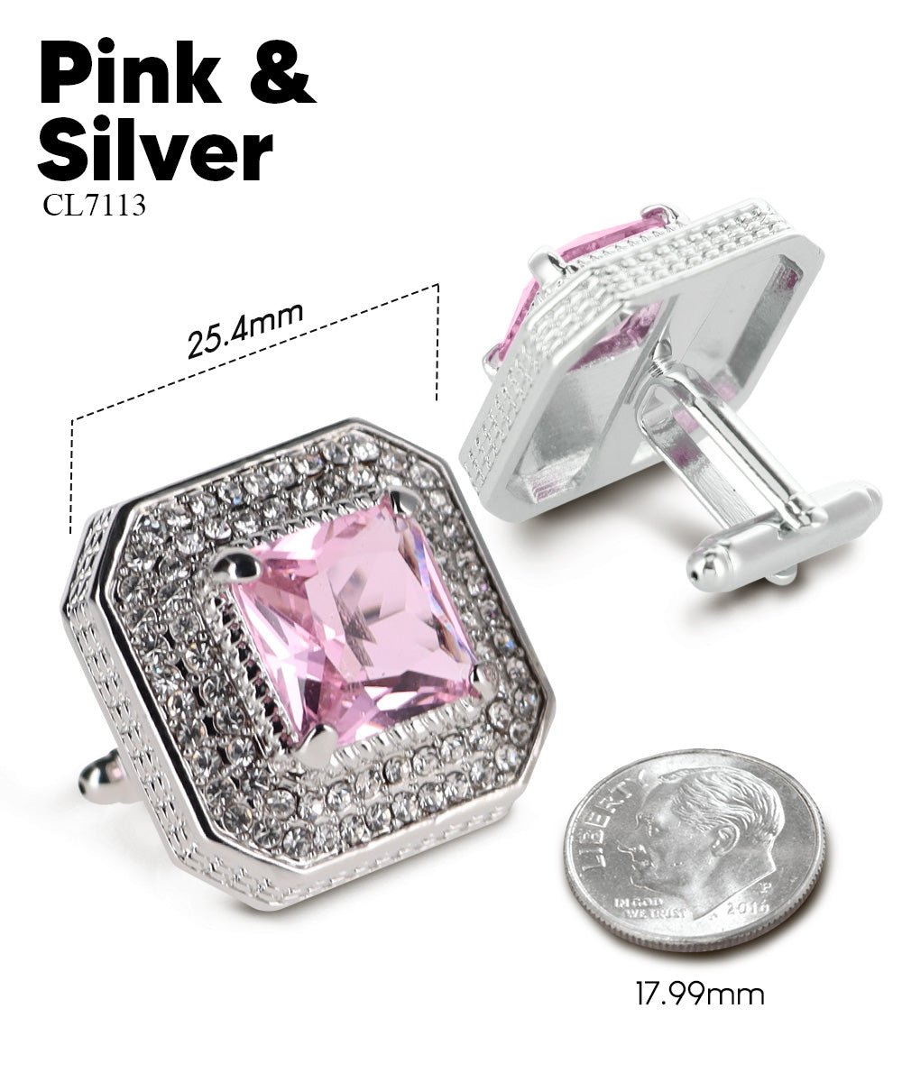 Vittorio Vico Men's Large Square Colorstone Crystal Diamond Set Cufflinks: CL71XX Series - Suits You Sir - Pink and Silver - 