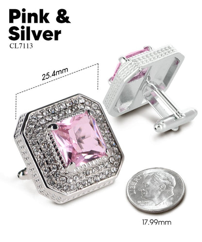 Vittorio Vico Men's Large Square Colorstone Crystal Diamond Set Cufflinks: CL71XX Series - Suits You Sir - Pink and Silver - 