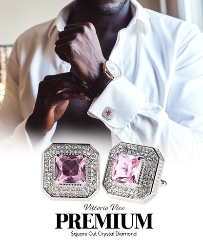 Vittorio Vico Men's Large Square Colorstone Crystal Diamond Set Cufflinks: CL71XX Series - Suits You Sir - Pink and Silver - 
