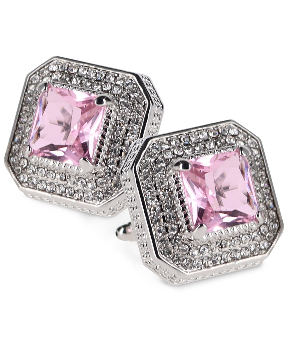 Vittorio Vico Men's Large Square Colorstone Crystal Diamond Set Cufflinks: CL71XX Series - Suits You Sir - Pink and Silver - 