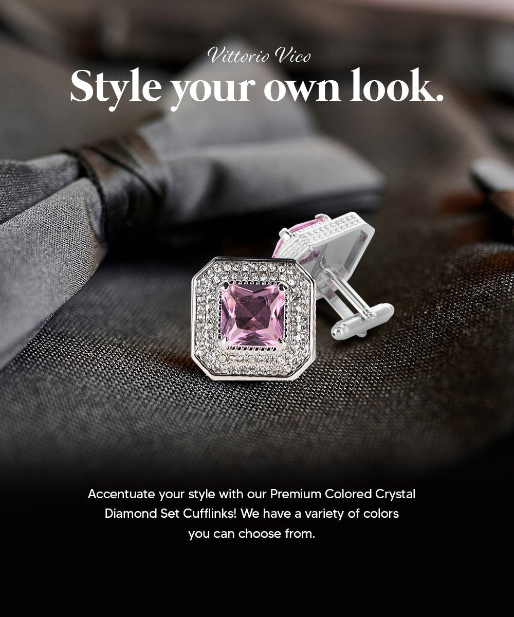 Vittorio Vico Men's Large Square Colorstone Crystal Diamond Set Cufflinks: CL71XX Series - Suits You Sir - Pink and Silver - 