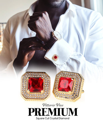 Vittorio Vico Men's Large Square Colorstone Crystal Diamond Set Cufflinks: CL71XX Series - Suits You Sir - Red and Gold - 