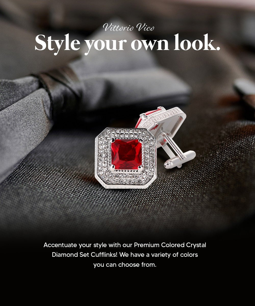 Vittorio Vico Men's Large Square Colorstone Crystal Diamond Set Cufflinks: CL71XX Series - Suits You Sir - Red and Silver - 