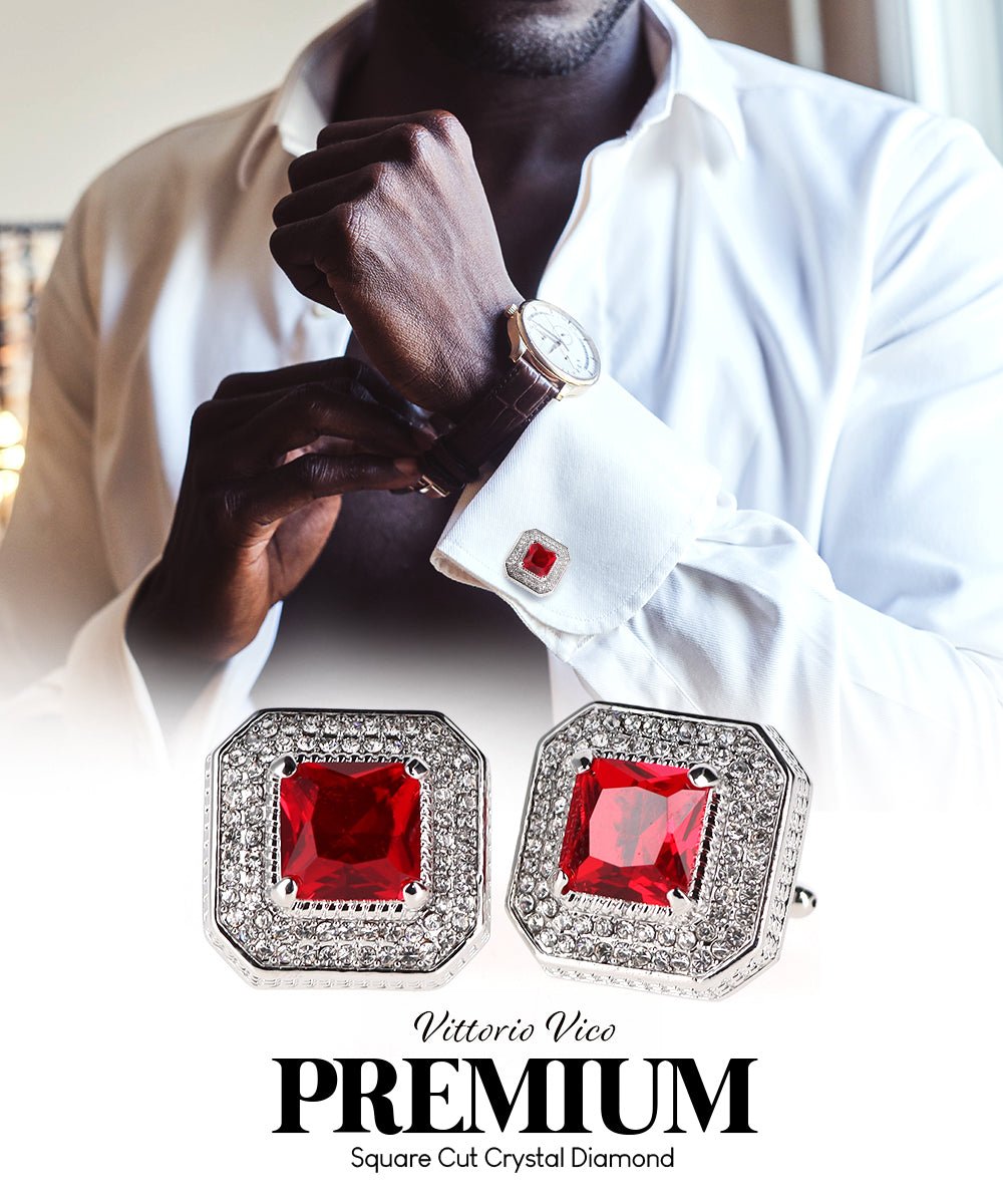 Vittorio Vico Men's Large Square Colorstone Crystal Diamond Set Cufflinks: CL71XX Series - Suits You Sir - Red and Silver - 