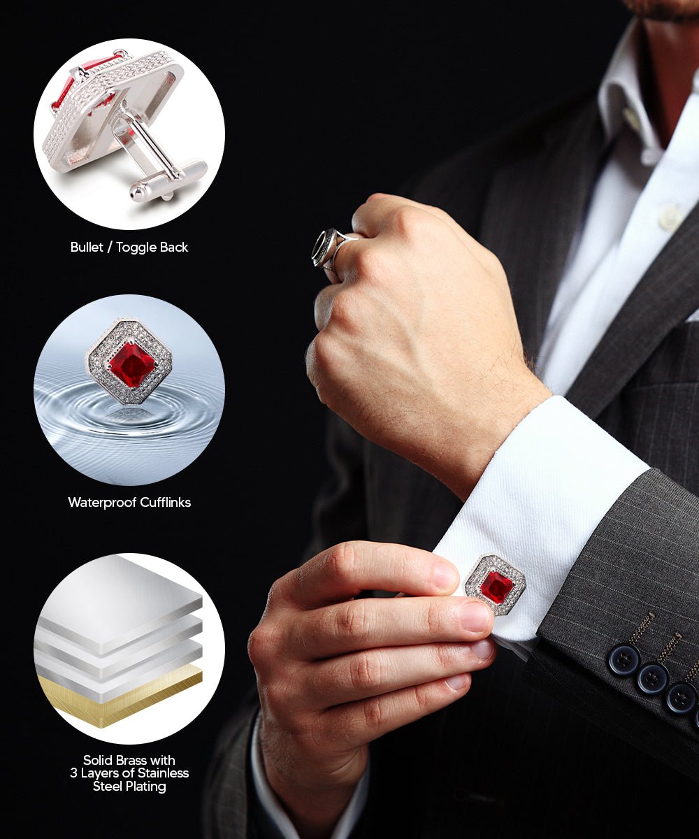 Vittorio Vico Men's Large Square Colorstone Crystal Diamond Set Cufflinks: CL71XX Series - Suits You Sir - Red and Silver - 