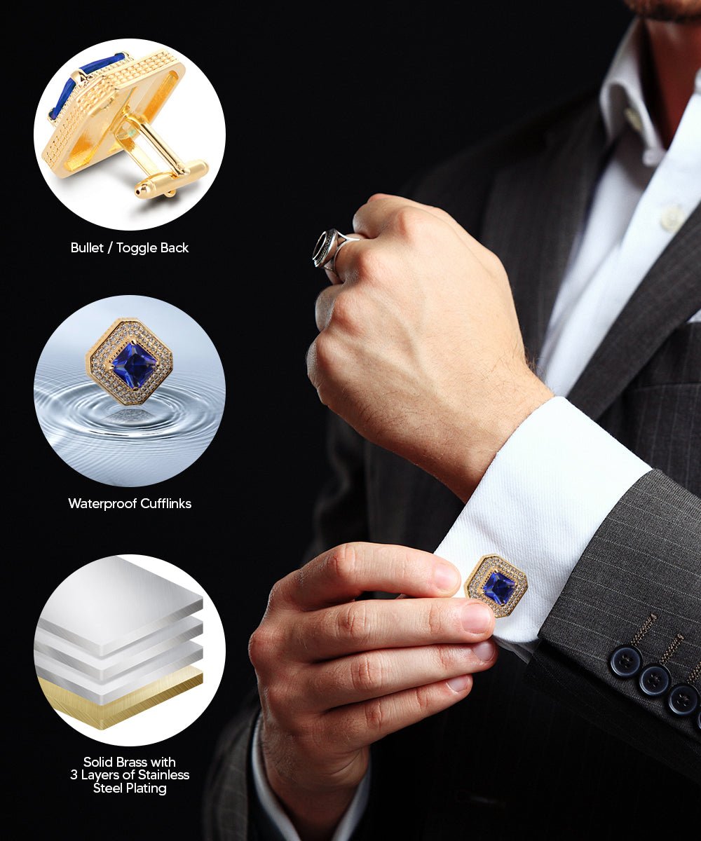 Vittorio Vico Men's Large Square Colorstone Crystal Diamond Set Cufflinks: CL71XX Series - Suits You Sir - Royal Blue and Gold - 