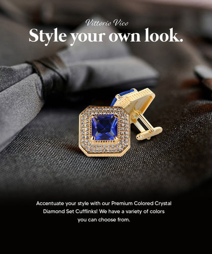 Vittorio Vico Men's Large Square Colorstone Crystal Diamond Set Cufflinks: CL71XX Series - Suits You Sir - Royal Blue and Gold - 